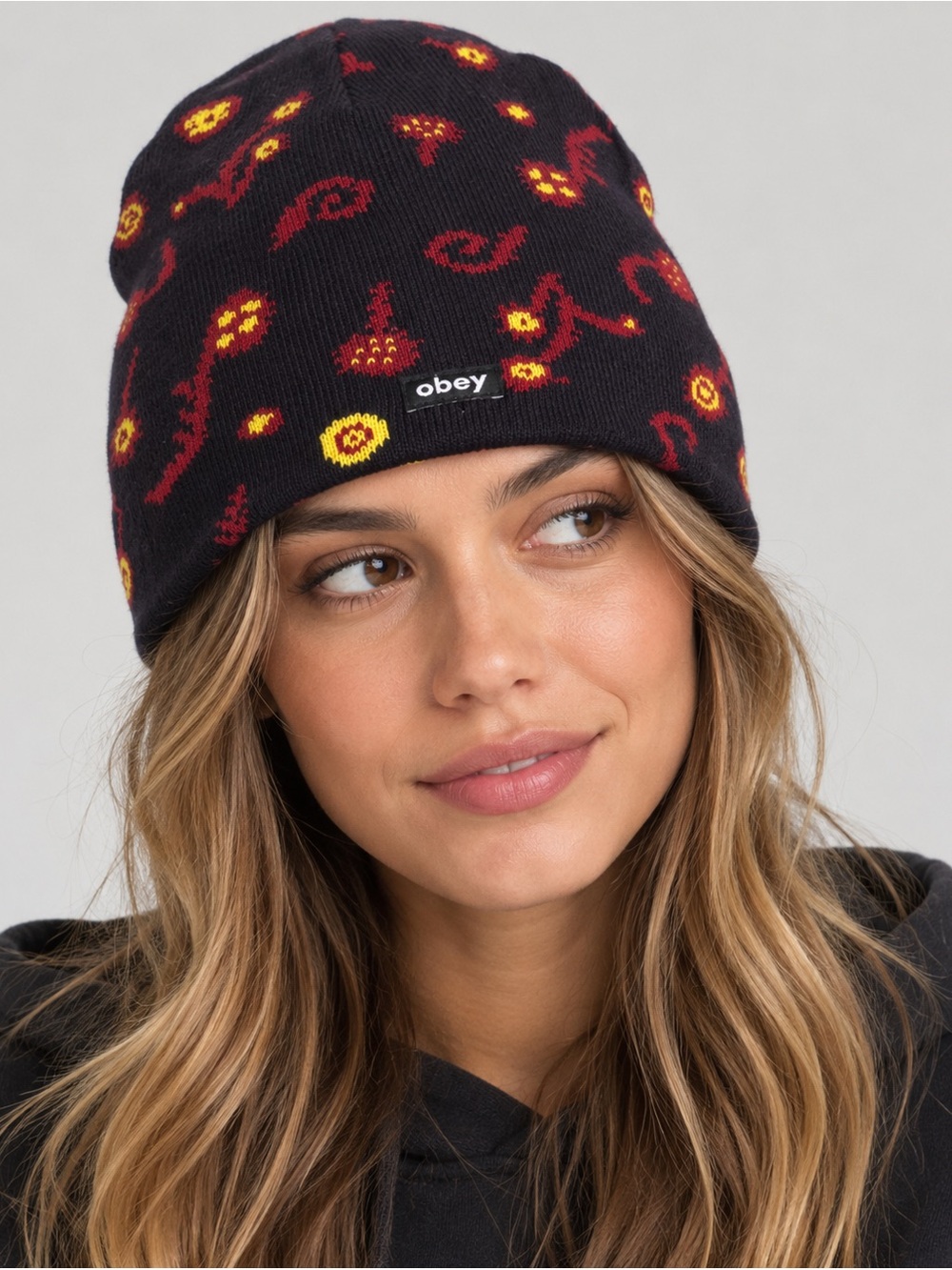 OBEY Washer Beanie Navy Knit Abstract Floral Pattern Streetwear Hat Cap One Size
